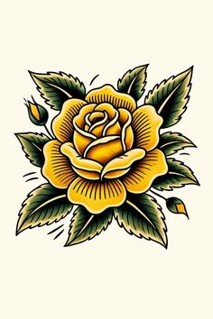 Texas Rose Tattoo, Traditional Yellow Rose Tattoo, Traditional Rose Tattoo Design, Black Rose Tattoo Meaning, Yellow Rose Tattoo, Traditional Rose Tattoo, Old School Rose, Yellow Rose Tattoos, Rose Tattoo Meaning