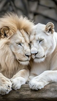 two white lions cuddling on top of each other