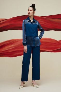 Midnight blue satin panelled shirt with stone embellished collar and cuffs. Paired with matching pant. - Aza Fashions Chic Blue Silk Pants, Silk Sets With Straight Pants For Workwear, Blue Silk Pants For Work, Satin Long Sleeve Sets For Workwear, Blue Long Sleeve Satin Sets, Blue Satin Long Sleeve Sets, Blue Workwear Sets With Long Pants, Blue Long Pants Sets For Workwear, Blue Long Pants Set For Work