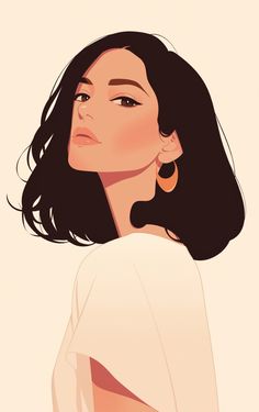 a drawing of a woman with long black hair and large hoop earrings on her neck