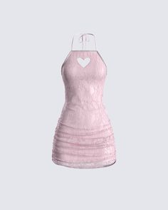 Spread the love in this pink lace heart mini dress 💗 Made from a metallic lace fabric, this dress is gorgeously complete with a cut-out heart, rhinestone trimming, and ruching at the hips. Don't blame us when everyone you come into contact with starts falling in love with you ☺️ Cheap Pink Mini Dress With Lace Trim, Cheap Pink Lace Mini Dress, Pink Quartz Mini Dress, Luxury Pink Lace Mini Dress, Luxury Pink Square Neck Mini Dress, Pink Dress Hearts Bodycon, Chrome Heart Dresses, Luxury Mini Dress With Rose Detail, Luxury Mini Dress With Lace Trim And Fitted Bodice