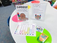 two cards on a table with candy and crayons in front of them at a library