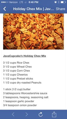 the holiday chex mix recipe is shown in this screenshote screen shot from facebook