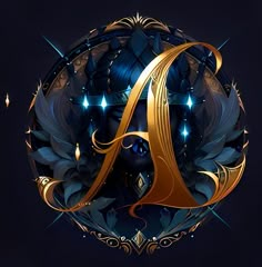 the letter a is made up of gold and blue flowers on a black background with diamonds