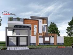 this is a 3d rendering of a modern house with wood and metal accents on the exterior