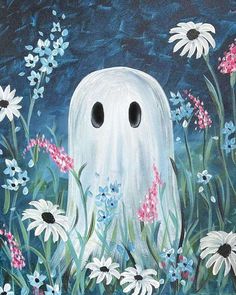 a painting of a ghost surrounded by flowers and daisies