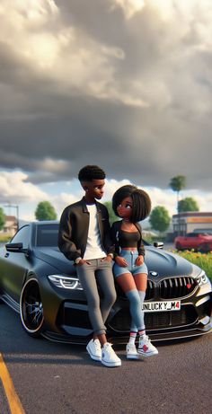 a man and woman sitting on the hood of a sports car in front of a cloudy sky