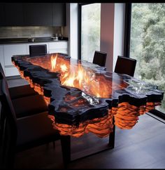 a dining room table with fire burning in the center