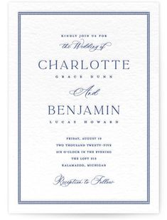 the wedding stationery is shown in blue and white, with an elegant border on the front