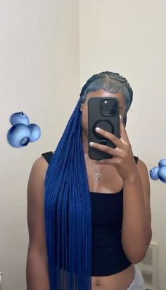 Dyed Hair With Knotless Braids, Blue Box Braids Hairstyles, Purple Peekaboo Highlights Braids, Black And Blue Ombre Braids, Blue Straight Back Braids, Blue Braided Ponytail, Dark Blue Peekaboo Braids, Alicia Keys Braids With Color, Black Braids With Color