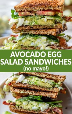 avocado egg salad sandwiches stacked on top of each other