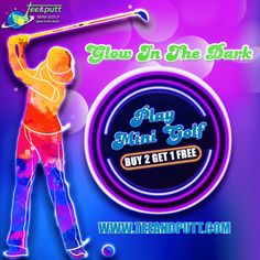 a man swinging a golf club on top of a blue and purple background with the words glow in the dark