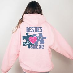 This personalized besties hoodie is the ultimate gift for your best friend. Show off your friendship in style with this matching best friends hoodie. Perfect for birthdays, holidays, or any special occasion, this custom hoodie is an ideal way to celebrate your bond. Crafted with care and attention to detail, this hoodie is not only fashionable but also comfortable to wear. Treat yourself and your bestie to a gift that represents your special connection. 🖤 For oversized order 1-3 sizes up, refer Matching Clothes With Bestie, Matching Best Friend Hoodies, Besties Gifts, Best Friend Matching, Friend Scrapbook