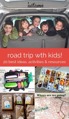 the back of a car with kids in it and text that reads road trip with kids 20 best ideas, activities & resources