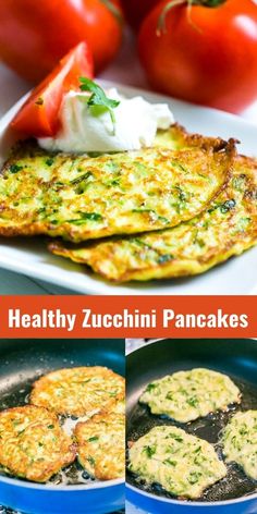 healthy zucchini pancakes with tomatoes and sour cream