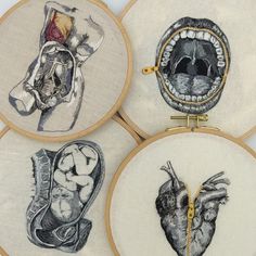 four embroidery hoops with pictures of different human body parts