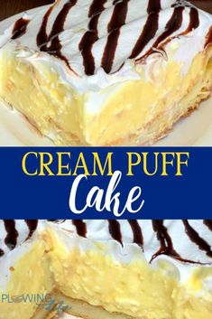 a close up of a cake on a plate with the words cream puff cake above it