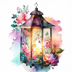 a watercolor painting of a lantern with flowers on it