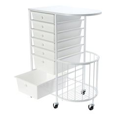 a white cart with drawers on wheels and a drawer underneath the cart is also used as a storage unit