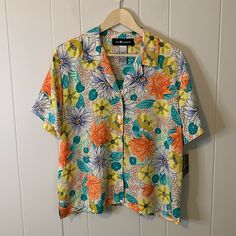 Nwt Vintage Sagharbor Boxy Bright Floral Button Up Size 18 Coral Blue And Yellow Colors Yellow Vacation Top With Button Closure, Yellow Buttoned Vacation Top, Vibrant Button-up Summer Tops, Yellow Retro Top With Button Closure, Multicolor Button-up Shirt With Pockets, Vintage Multicolor Button-up Shirt, Multicolor Vibrant Print Button-up Top, Multicolor Vibrant Print Button-up Shirt, Closet Update