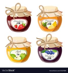 four jars with jams and fruits in them