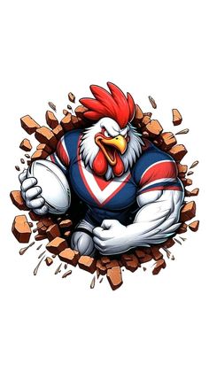 an angry rooster breaking through a wall with his arms and legs in the shape of a football