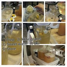 four pictures showing how to prepare 2 kefir grains and 3 sweet water 4 stir 5 store