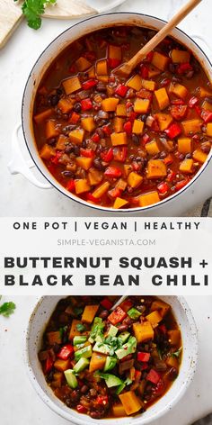 one pot vegan and healthy butternut squash and black bean chili is the perfect side dish