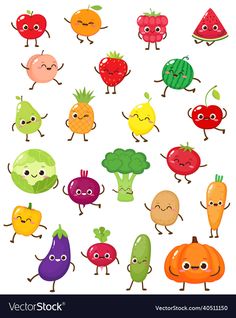 cartoon fruits and vegetables with faces on white background eps file available in jpg format