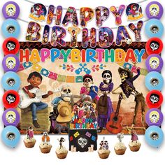 a birthday card with skeletons and cupcakes in front of the happy birthday sign