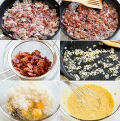 four pictures showing the steps to make bacon and eggs in skillets, including cooking