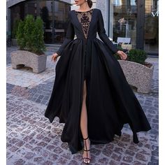 Silhouette:Ball Gown; Hemline / Train:Floor Length,Sweep / Brush Train; Closure:Zipper UP; Built-In Bra:No; Embellishment:Overskirt,Lace Insert,Slit; Fabric:Satin; Sleeve Length:Long Sleeve; Boning:No; Style:Luxurious,Vintage; Occasion:Halloween,Wedding Party,Formal Evening; Neckline:Illusion Neck; Front page:Evening Gown; Bust:; Hips:; Hollow to Floor:; Waist:; Features:Wednesday Addams Family Black Dress Edgy, Wednesday Addams Family, Sukienki Plus Size, A Line Evening Dress, Evening Dresses Online, Grunge Dress, Cheap Evening Dresses, Vintage Black Dress, Long Sleeve Evening Dresses