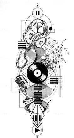 an abstract black and white drawing with various objects in the middle, including a record player