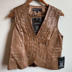 Pamela Mccoy Brown Braided Floral Leather Vest Nwt Size M Even Ships With The Original “Pamela Mccoy” Hanger Haha. 70s Vest, Thrift Fits, Brown Leather Vest, Leather Vest, Coats Jackets Women, Vest Jacket, Women's Jacket, The Original, Coats For Women