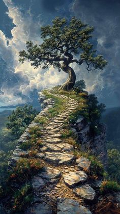 a painting of a stone path leading to a tree on top of a hill with clouds in the background