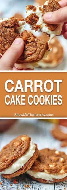 carrot cake cookies with cream cheese frosting on top and the words carrot cake cookies above it