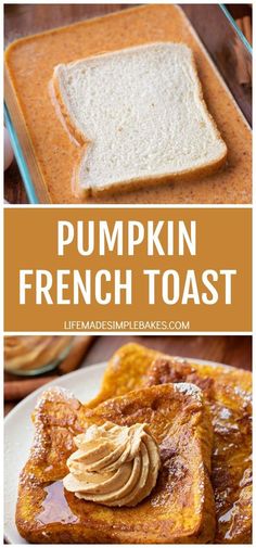 pumpkin french toast with peanut butter on top and in the background, there is an image of