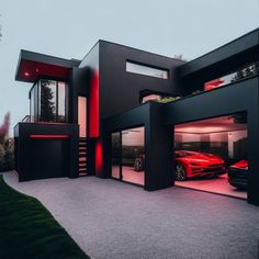 a red sports car is parked in front of a modern house with black and red accents