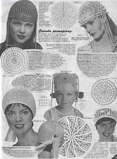 an advertisement for crochet hats with pictures of women's headgear