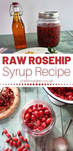 raw rosehip syrup recipe with cranberries on the side and in glass jars