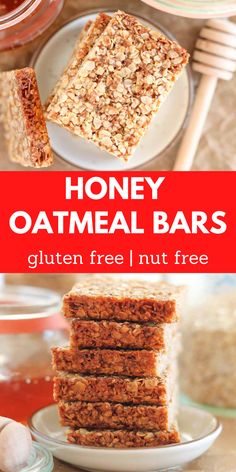 a plate of honey oatmeal bars Honey Apple Oat Bars, Oat And Honey Granola Bars, Peanut Butter Honey Oatmeal Bars, Honey Oatmeal Bars, Homemade Oat And Honey Granola Bars, Honey Granola Bar Recipe, Honey Bunches Of Oats Bars, Honey Granola Recipe, Oat Bars Healthy