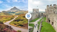 two photos side by side, one with people walking and the other has a castle in the background