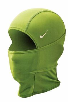 a green face mask with a white nike logo on it