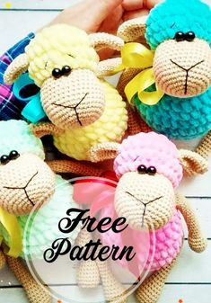 crocheted sheeps in different colors with text overlay that reads free pattern