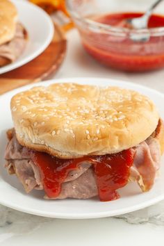 a sandwich with meat and ketchup on a plate