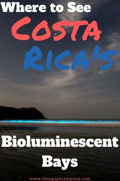 the words where to see costa ricas in blue and red text on a black background