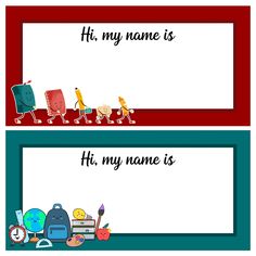 two children's name tags with pictures of toys and books on them, one for each child