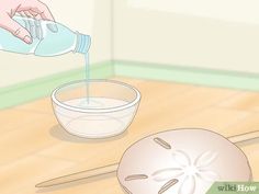 a person pouring water into a bowl on the floor next to a whisk