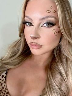 Cheetah Face Makeup Halloween, Jaguar Costume Women, Cat Makeup Costume, Leopard Costume Women Makeup, Halloween Costumes Animals Women, Leapord Costume Halloween, Leopard Couple Costume, Halloween 2024 Makeup, Long Blonde Hair Costume Halloween