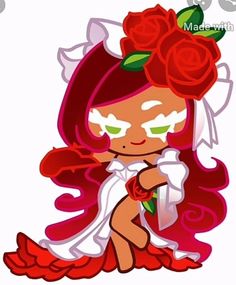 a cartoon girl with red hair and roses on her head